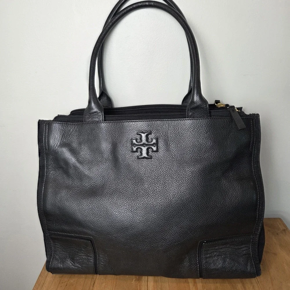 Tory Burch Black Pebbled Leather Large Tote Shoulder Bag Work Laptop Purse